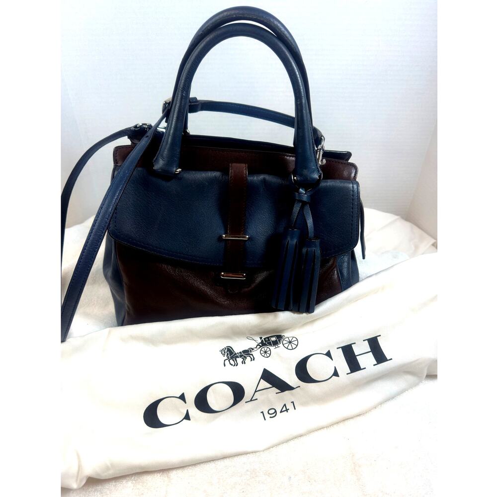 Coach Navy Blue & Brown Leather Two-Way Satchel | Silver Hardware | Dust Bag - Picture 15 of 16